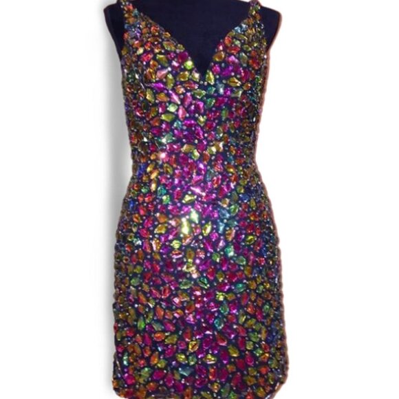 Luxurious Couture Multicolor Crystals Festive Party Prom Designer Holiday Dress - Picture 7 of 12